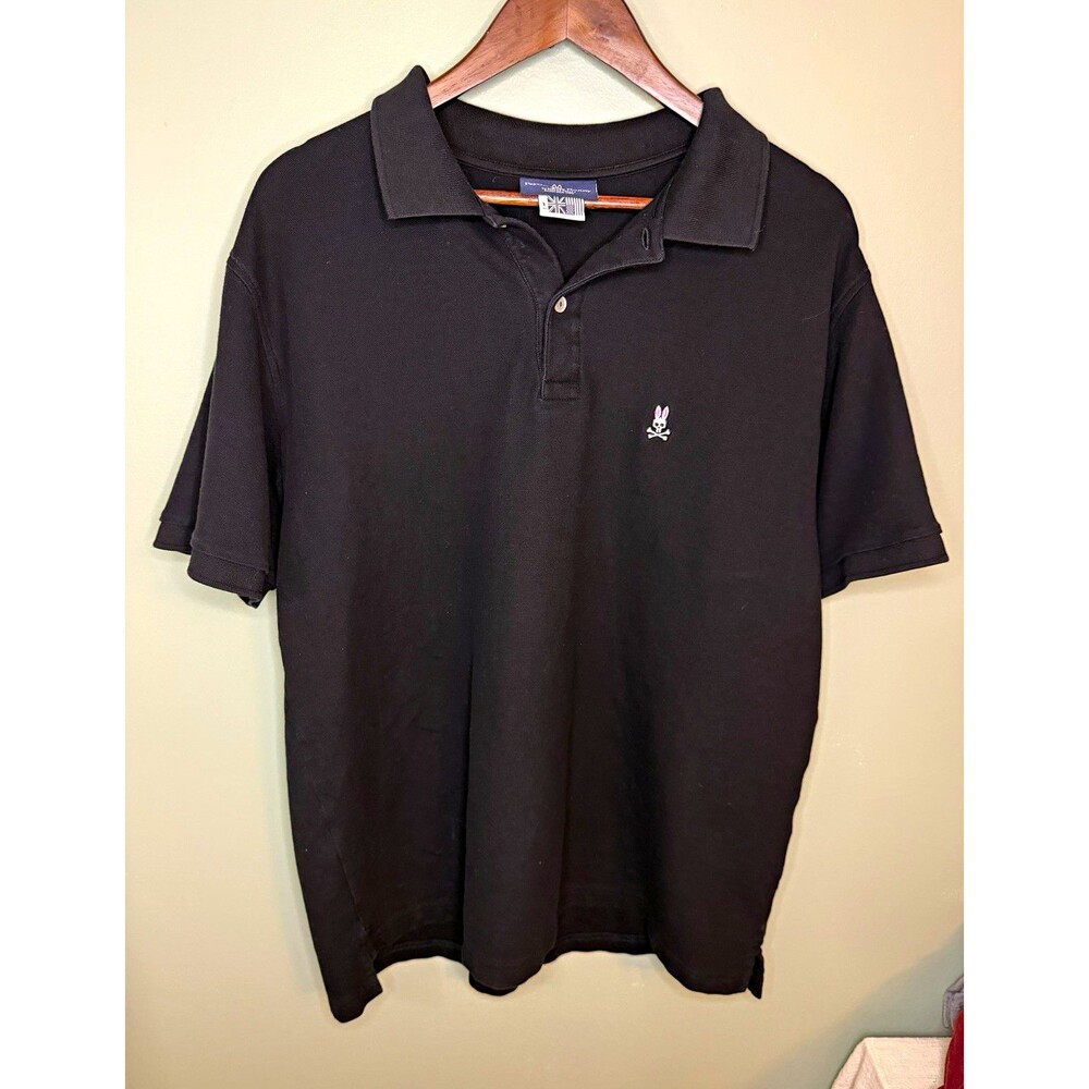 Psycho Bunny Men's Solid Black Short Sleeve Collared Button Polo Shirt L